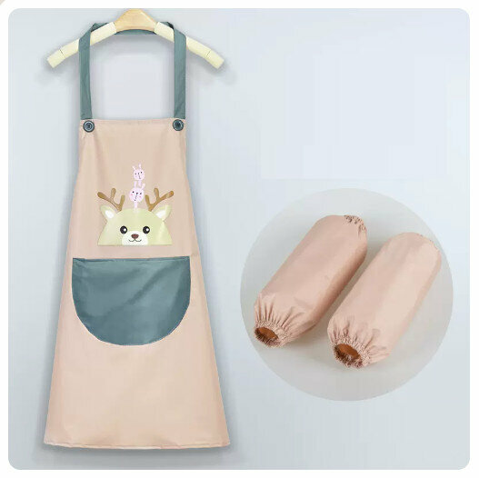 Hotly recommended waterproof and oil-proof apron for kitchen and catering [Little Deer-Khaki Pink + Same Style Sleeves]