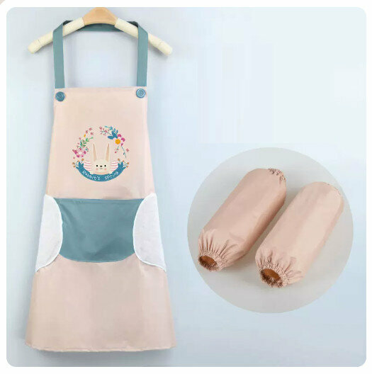 Hotly recommended waterproof and oil-proof apron for kitchen and catering [can wipe hands] Garland Rabbit-Khaki Pink + Same Style Sleeves]