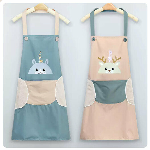 Hotly recommended waterproof and oil-proof apron for kitchen and catering [can wipe hands] (Little Bear-Danqing Blue + Fawn-Khaki Pink)