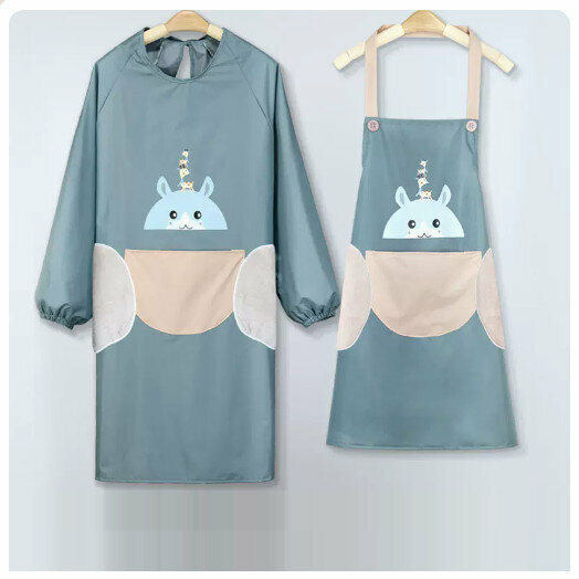 Hotly recommended kitchen and dining waterproof and oil-proof long-sleeved apron [hand-wipeable] hand-wipeable - bear splicing style - blue set]