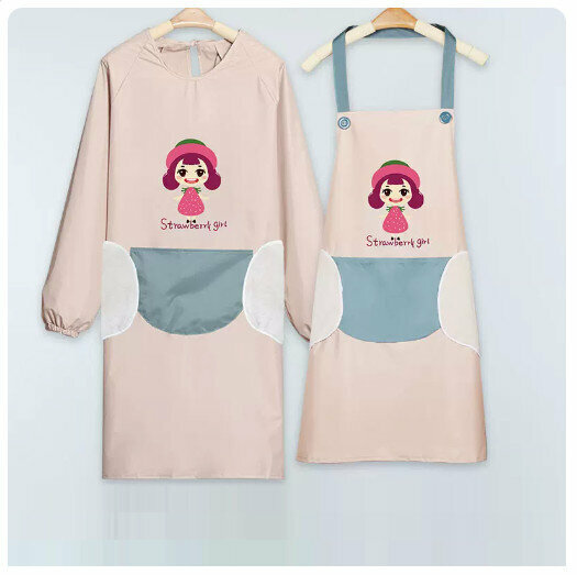 Hot recommended kitchen and dining waterproof and oil-proof long-sleeved apron [hand-wiping strawberry girl-khaki powder set]