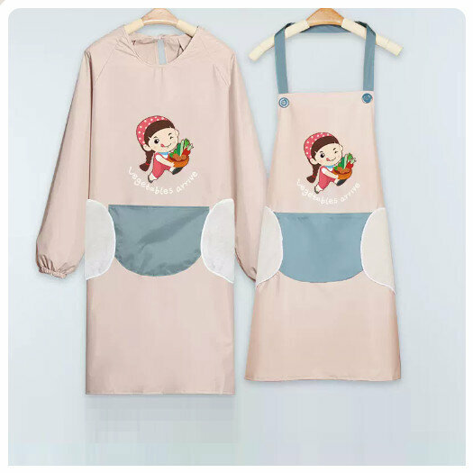 Hotly recommended kitchen and dining waterproof and oil-proof long-sleeved apron [hand-wiping fruit and vegetable girl-khaki powder set]