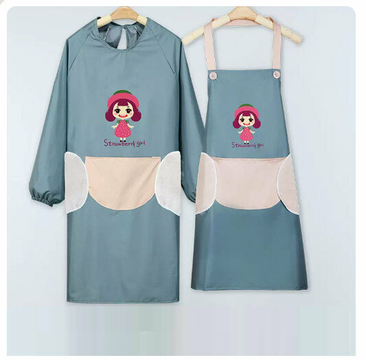 Hot recommended kitchen and dining waterproof and oil-proof long-sleeved apron [hand-wipeable strawberry girl-painted blue suit]