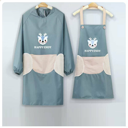 Hotly recommended kitchen and dining waterproof and oil-proof long-sleeved apron [hand-wipeable HAPPY Deer-Danqing Blue Set]