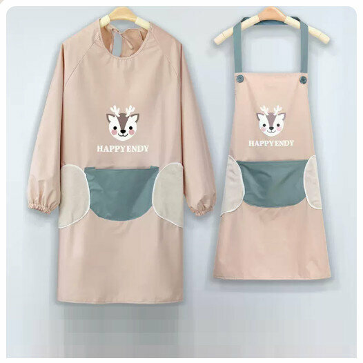 Hot recommended kitchen and dining waterproof and oil-proof long-sleeved apron [hand-wipeable] hand-wipeable HAPPY deer-khaki powder set]