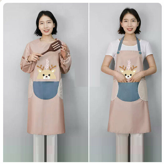 Hot recommended kitchen and dining waterproof and oil-proof long-sleeved apron [hand-wipeable] hand-wipeable-fawn stitching style-khaki powder set]
