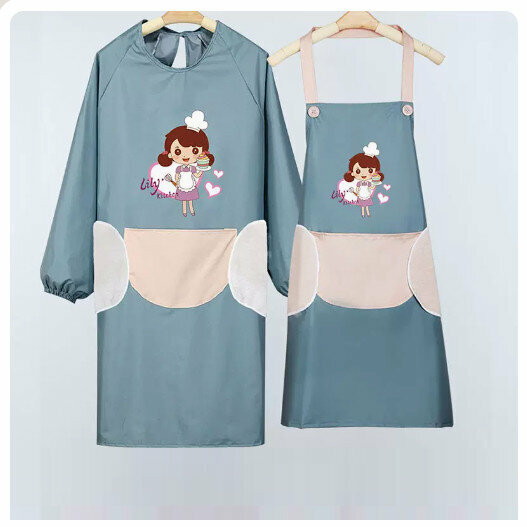 Hotly recommended kitchen and dining waterproof and oil-proof long-sleeved apron [hand-wipeable apron for mom-Danqing blue set]
