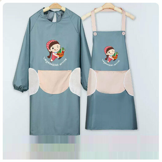 Hotly recommended kitchen and dining waterproof and oil-proof long-sleeved apron [Hand-wiping Fruit and Vegetable Girl-Danqing Blue Set]