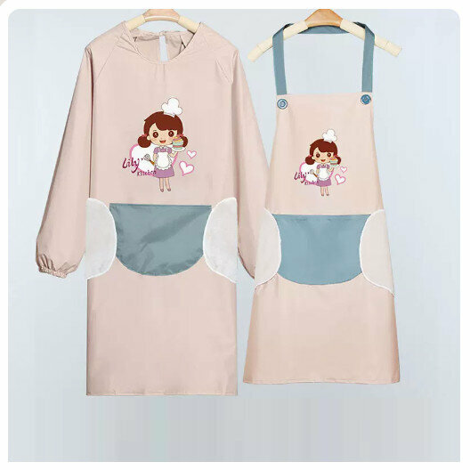 Hot recommended kitchen and dining waterproof and oil-proof long-sleeved apron [hand-wipeable apron for mom-khaki powder set]