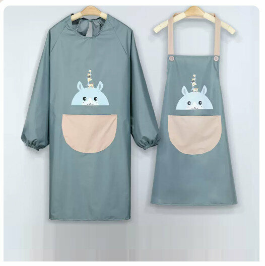 Hot recommended kitchen and dining waterproof and oil-proof long-sleeved apron [Little Bear Splicing Style-Danqing Blue Set]