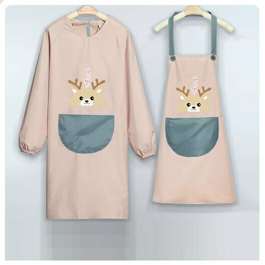 Hot recommended kitchen and dining waterproof and oil-proof long-sleeved apron [Fawn stitching style-khaki powder set]