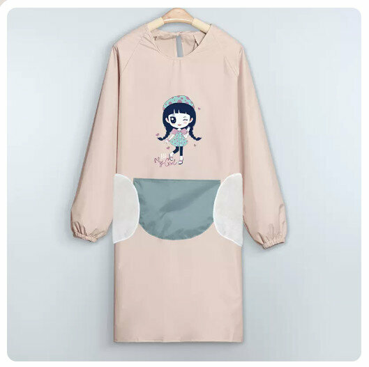 Hotly recommended kitchen and dining waterproof and oil-proof long-sleeved apron [waterproof new style girl-khaki powder-can wipe hands]
