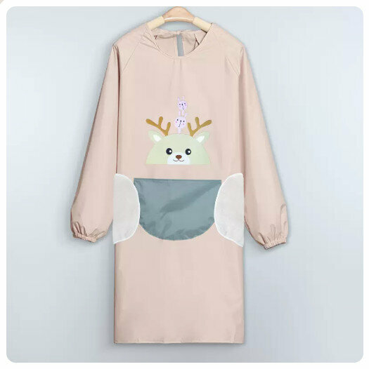 Hot recommended kitchen and dining waterproof and oil-proof long-sleeved apron [waterproof deer splicing style-khaki powder-can wipe hands]
