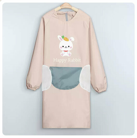 Hot recommended kitchen and dining waterproof and oil-proof long-sleeved apron [waterproof bunny-khaki powder-can wipe hands]