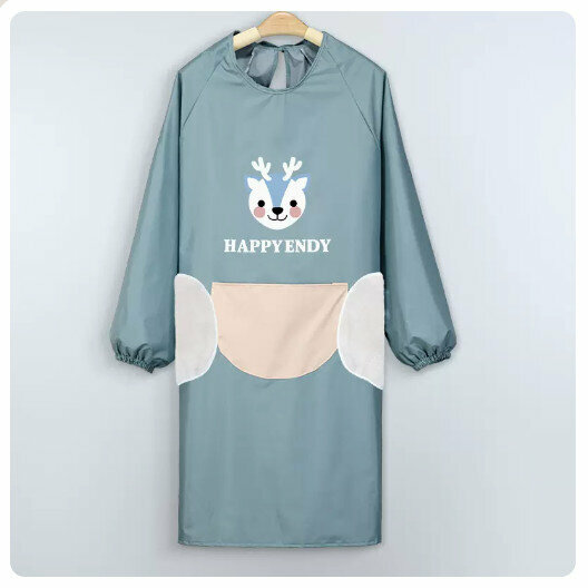 Hotly recommended kitchen and dining waterproof and oil-proof long-sleeved apron [Waterproof HAPPY Deer-Danqing Blue-Hand Wipeable]