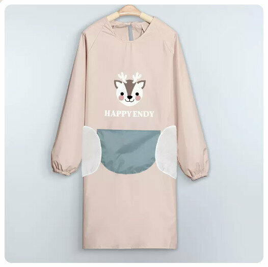 Hot recommended kitchen and dining waterproof and oil-proof long-sleeved apron [waterproof HAPPY deer-khaki powder-can wipe hands]