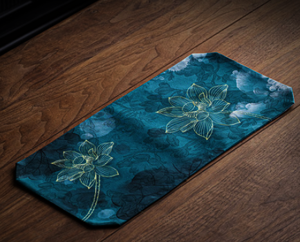 熱推中式香雲紗布藝雙面小茶席(藍荷)(尺寸:長48CM*寬22CM)