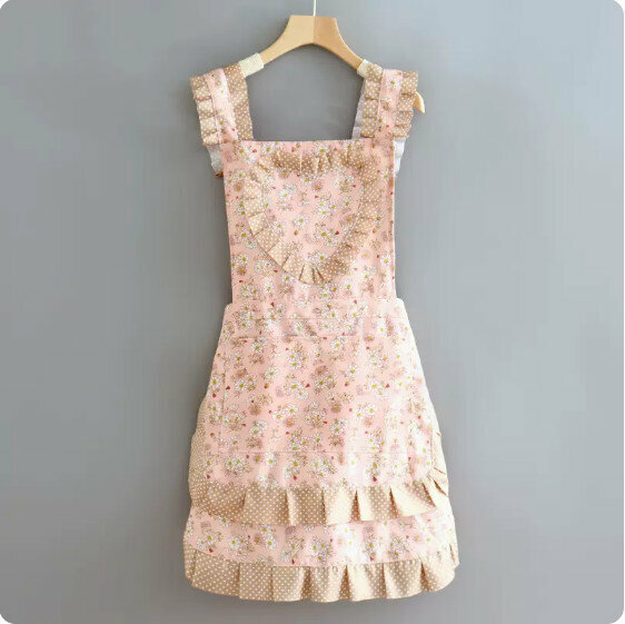 Hotly recommended small fresh apron [Floral floral patchwork polka dot heart strap pink] [Specification: 95*70CM]