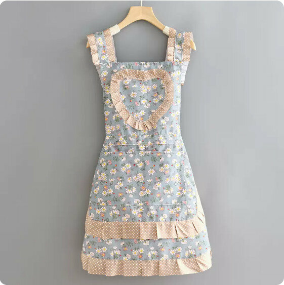 Hot recommended small fresh apron [Floral patchwork polka dot heart strap blue] [Specification: 95*70CM]