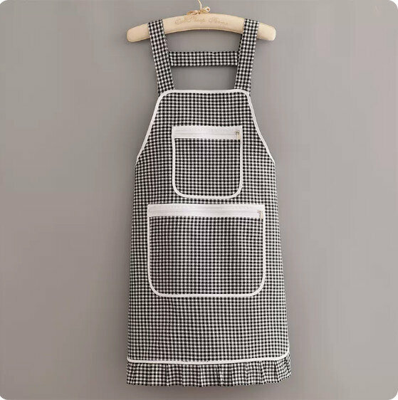 Hot recommended apron [Korean style double zipper pocket strap plaid black] [Specification: 73*72CM]