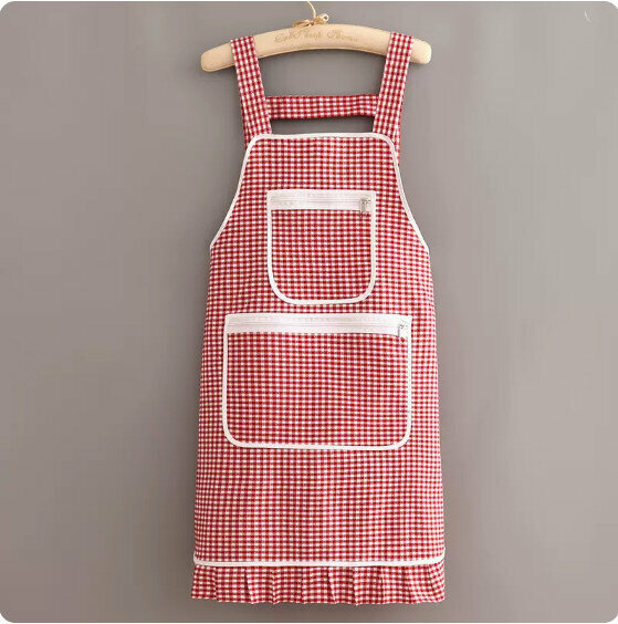 Hot recommended apron [Korean style double zipper pocket strap plaid red] [Specification: 73*72CM]