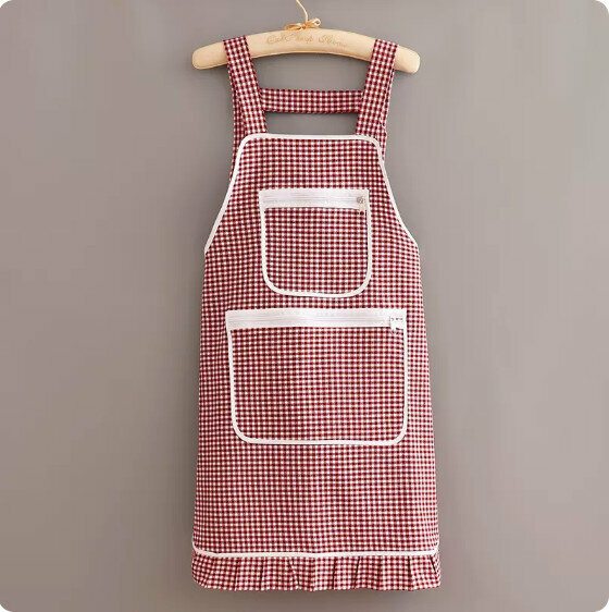 Hotly recommended apron [Korean style double zipper pocket strap plaid maroon] [Specification: 73*72CM]
