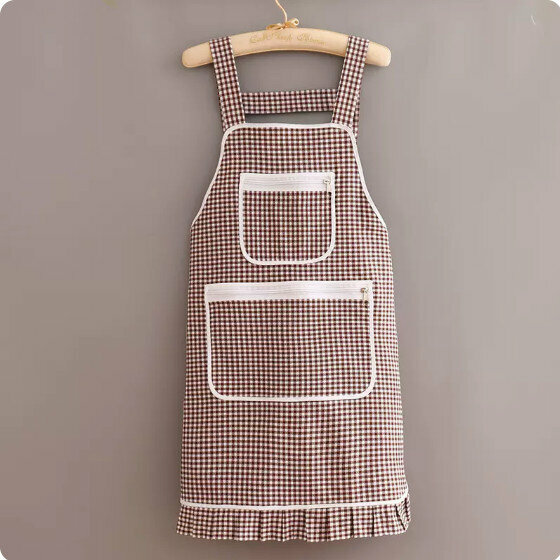 Hot recommended apron [Korean style double zipper pocket strap plaid coffee] [Specification: 73*72CM]