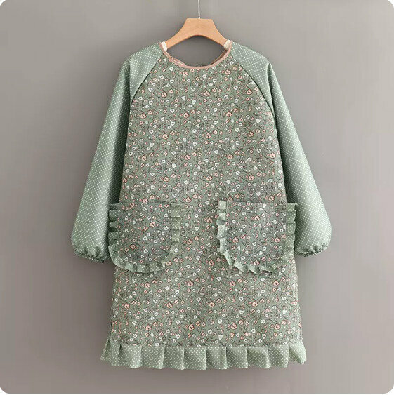 Hot recommended long-sleeved apron [J901 raglan canvas floral skirt green] [Specification: 92*110CM]