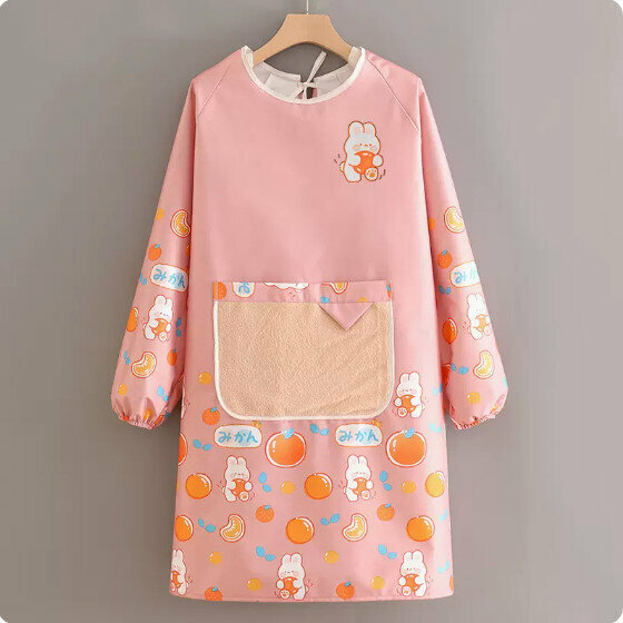 Hot recommended long-sleeved cute fashion apron [XY988 long-sleeved waterproof and environmentally friendly rabbit pink + bunny] [Specification: 98*105CM]
