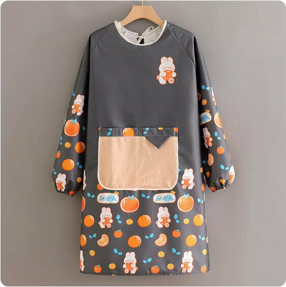 Hot recommended long-sleeved cute fashion apron [XY988 long-sleeved waterproof and environmentally friendly rabbit dark gray + bunny] [Specification: 98*105CM]