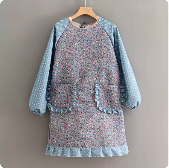 Hot recommended long-sleeved apron [J901 raglan canvas floral skirt blue] [Specification: 92*110CM]