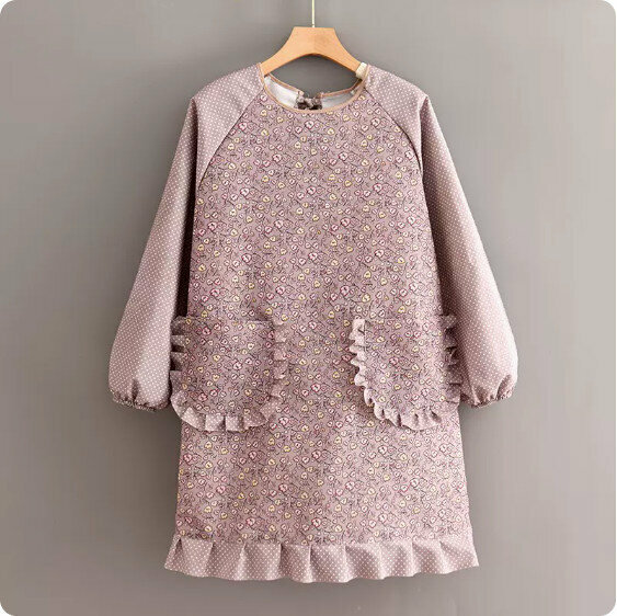 Hot recommended long-sleeved apron [J901 raglan canvas floral skirt bean paste purple] [Specification: 92*110CM]