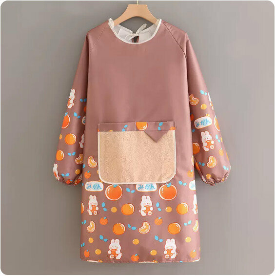Hot recommended long-sleeved cute and fashionable apron [XY988 long-sleeved waterproof and environmentally friendly rabbit coffee] [Specification: 98*105CM]