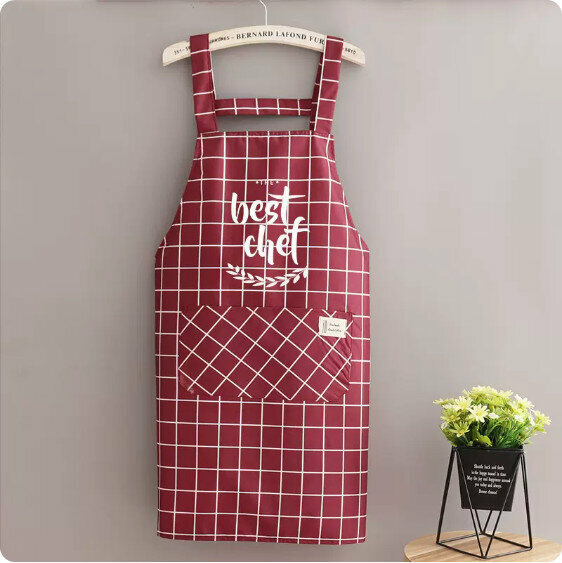Popular summer thin apron [waterproof strap check chef wine red] [specification: 68*91CM]