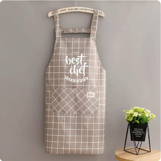 Hot summer thin apron [waterproof strap check chef beige] [specification: 68*91CM]