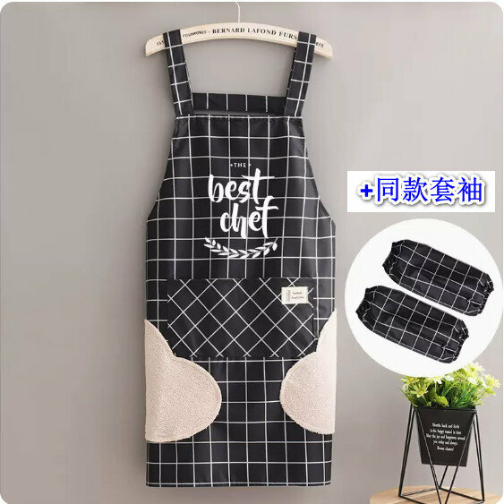 Popular summer thin apron [hand-wiping waterproof strap check chef black + sleeves] [Specification: 68*91CM]