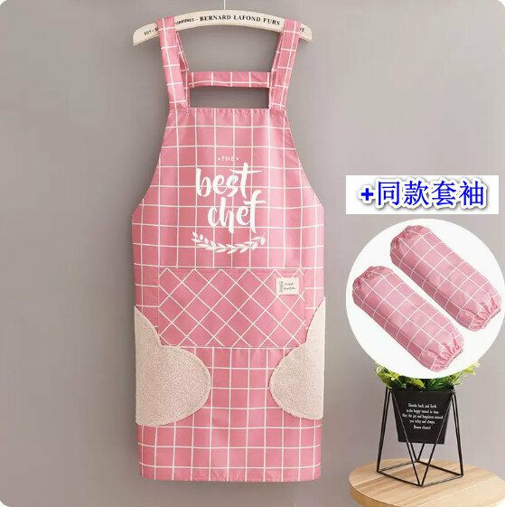 Hot summer thin apron [hand-wiping waterproof straps checkered chef smoke powder + sleeves] [Specification: 68*91CM]