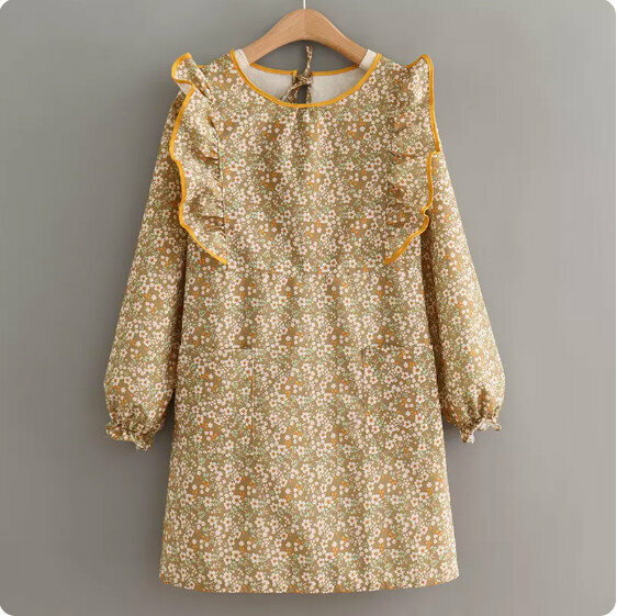 Hotly recommended lace long-sleeved apron [French pastoral floral flying sleeves yellow] [Specification: 120*90CM]