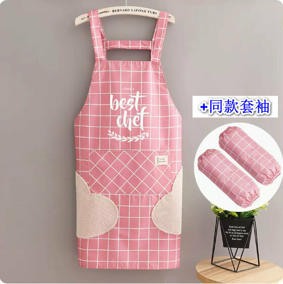 Popular summer thin apron [hand-wiping waterproof strap check chef pink + sleeves] [Specification: 68*91CM]