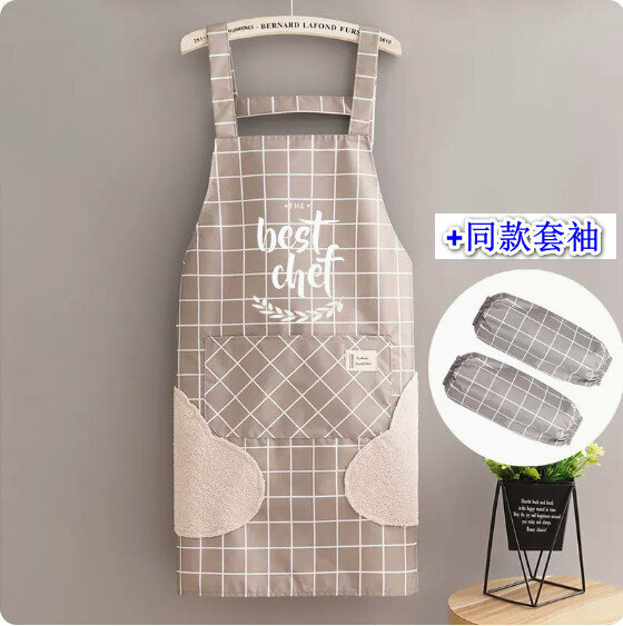 Hot summer thin apron [hand-wiping waterproof strap check chef beige + sleeves] [Specification: 68*91CM]
