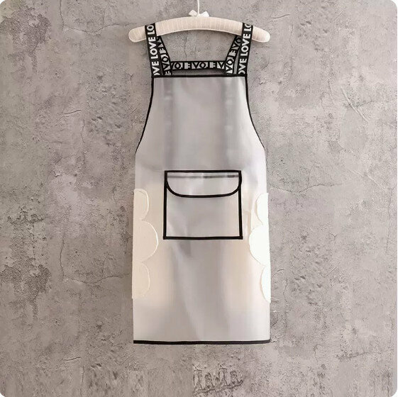 Hot recommendation no-wash and wipeable apron [TPU transparent letter strap, white with pockets + hand wiping] [Specification: 93CM]
