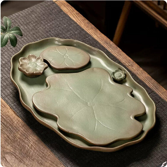 Hot selling green pottery lotus pond tea set tray [square]