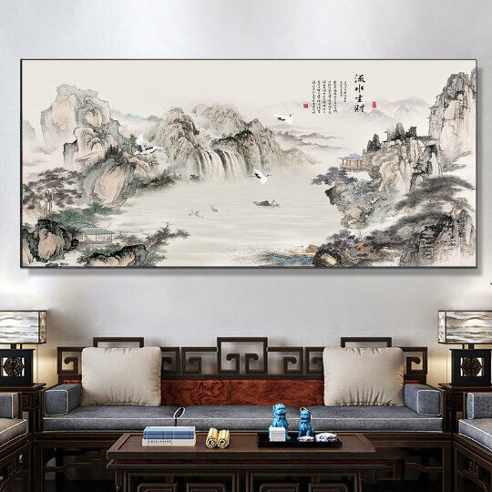 熱賣客廳裝飾掛畫【05款流水生財】尺寸【150*50cm亮面晶瓷+鋁合金黑色邊框】