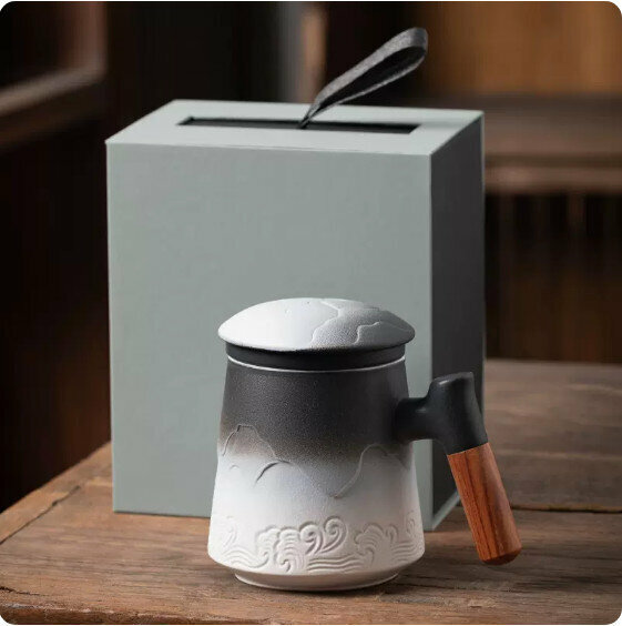 熱賣陶瓷帶蓋泡茶杯【漸變白（山海行）-禮盒裝】