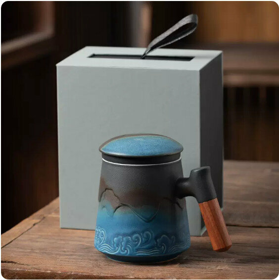 熱賣陶瓷帶蓋泡茶杯【漸變藍（山海行）-禮盒裝】
