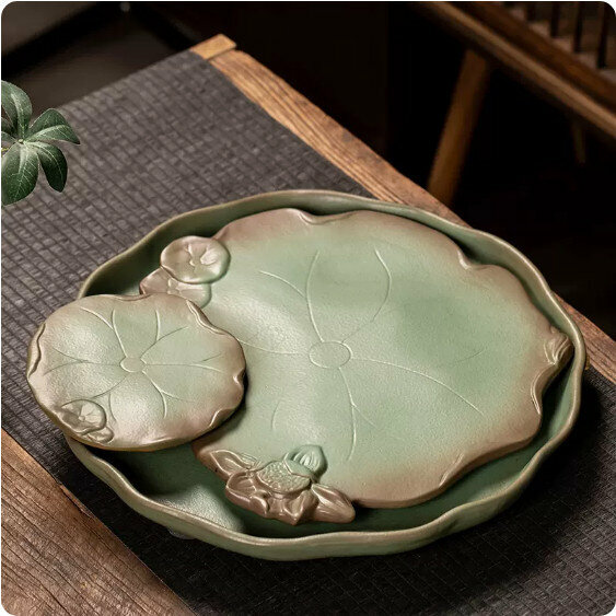 Hot selling green pottery lotus pond tea set tray [round]