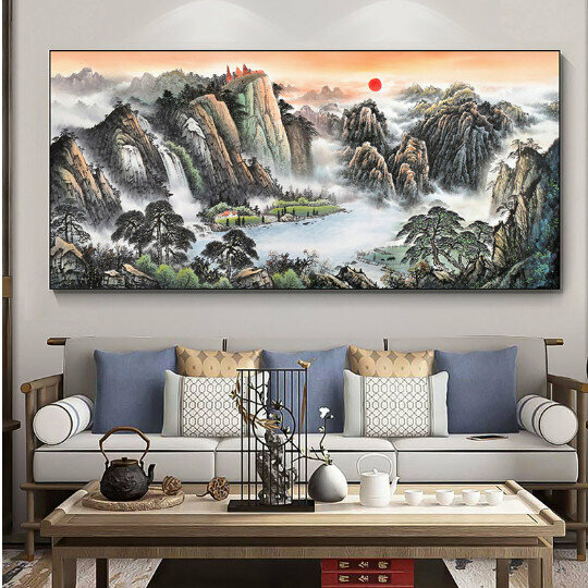 Hot selling living room decoration hanging picture [04 Bafang Jucai] size [240*100cm glossy crystal porcelain + aluminum alloy black frame]