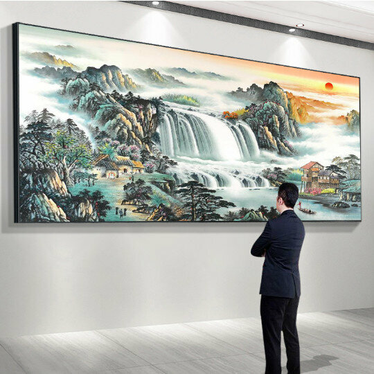 Hot selling living room decoration hanging picture [09 model of running water to make money] size [240*100cm glossy crystal porcelain + aluminum alloy black frame]