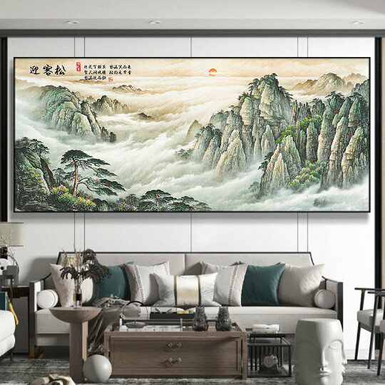 Hot selling living room decoration hanging picture [10 types of welcoming pine] size [240*100cm glossy crystal porcelain + aluminum alloy black frame]