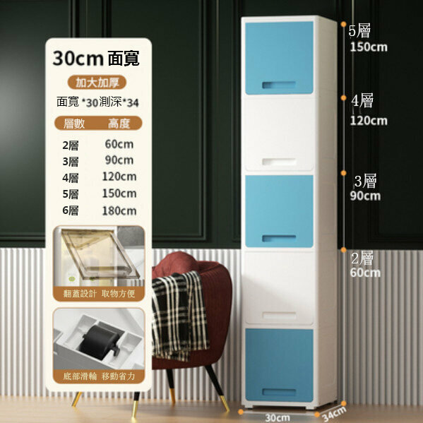 爆款收納箱翻蓋式儲物櫃（5層）（白間藍30cm面寬）